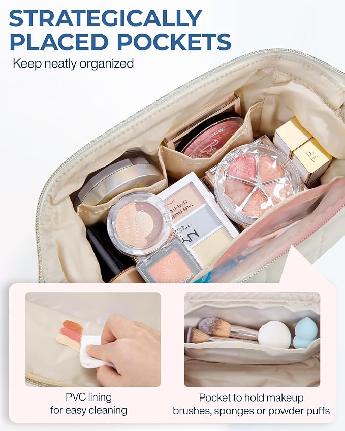 BAGSMART Makeup Bag Travel Toiletry Bag, Wide-open Zipper Pouch, Beige | Puffy Padded, Travel Essentials, Make Up Bag, For Women, Makeup Organizer, Toiletries Accessories Brushes - Image 5
