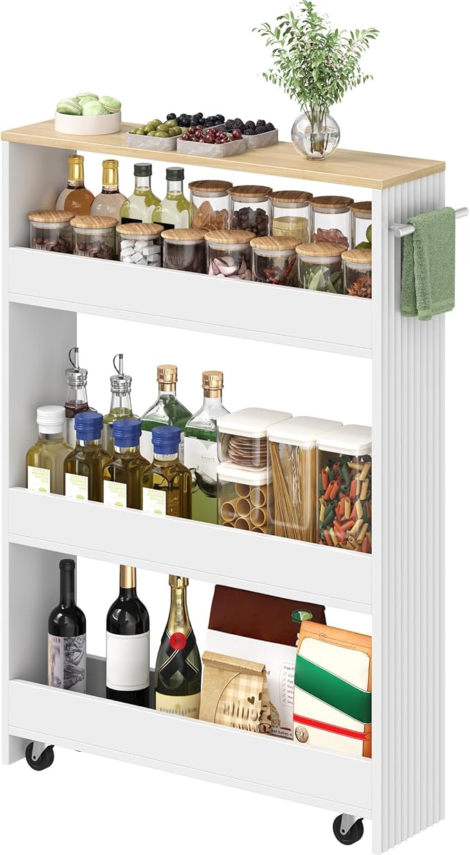 Slim Storage Cart with Wheels, 5.5" Narrow 4-Tier Rolling Cart, Multi-Purpose Utility Cart for Kitchen, Bathroom, Laundry Room, Living Room, White and Natural MTC02WN by Choezon