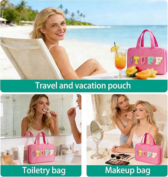 Toiletry Bag with Hanging Hook Chenille Letter Cosmetic Bag Spacious Travel Bag Water-resistant Makeup Bag for Store Toiletries Cosmetic Accessories and Sets for Women Rose Red - Image 6