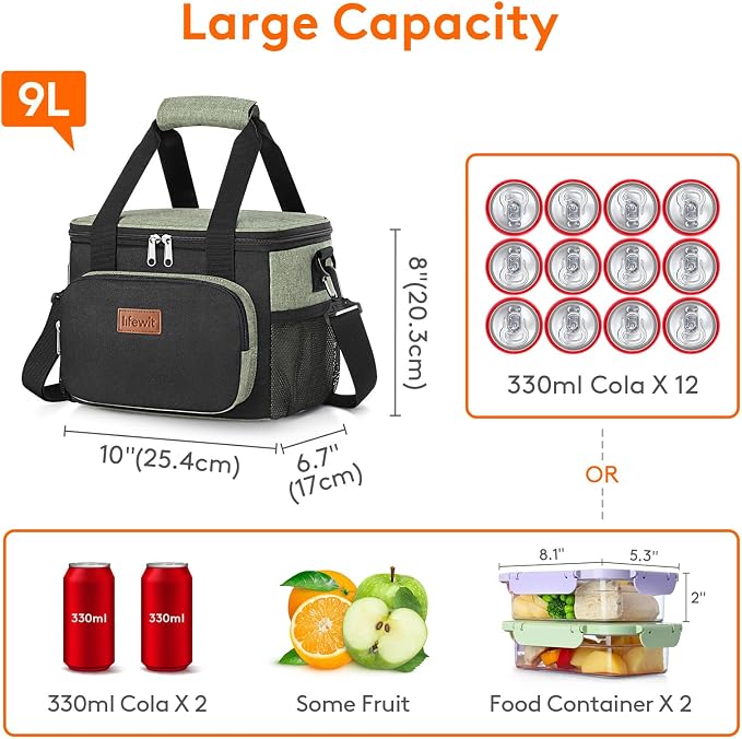 Lifewit Medium Lunch Bag, Insulated Lunch Box, Soft Cooler Cooling Tote for Adult Men Women, Black and Green 12-Can (9L) - Image 4