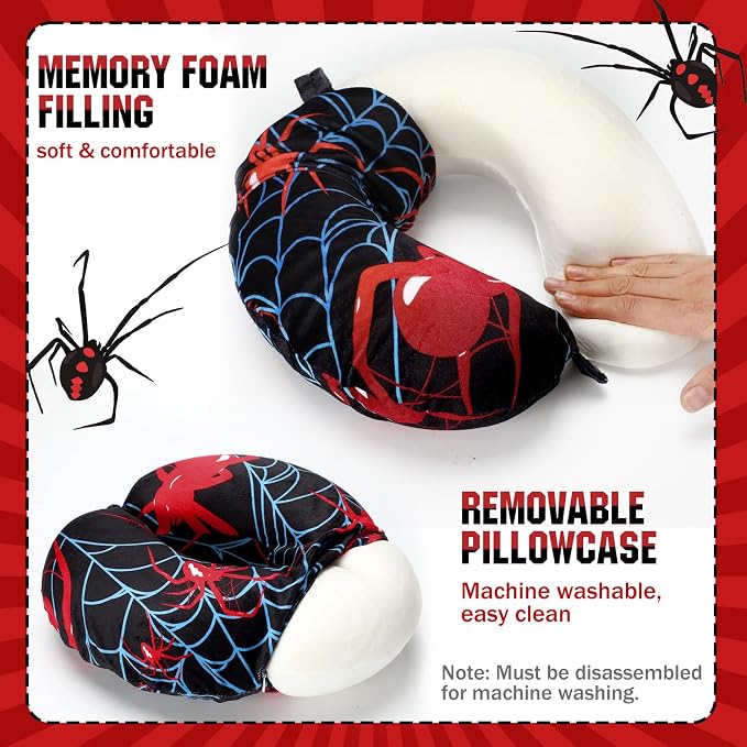 Gilprop 2 Pcs Spiderweb Travel Pillow with Sleep Eye Mask, U Shaped Memory Foam Headrest & Neck Pillow with Washable Cover, Soft Neck Head Support Travel Accessories for Airplane Car Train Bus Trips - Image 5