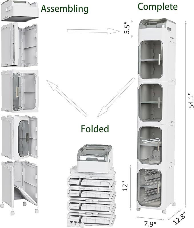 BINSIO 5-Tier Tall Narrow Storage Cabinet, Slim Rolling Storage Cabinet with Clear Doors, Adjustable Shelves, Foldable Organizer for Laundry Room, Kitchen Pantry, Utility Room and Small Spaces - Image 3