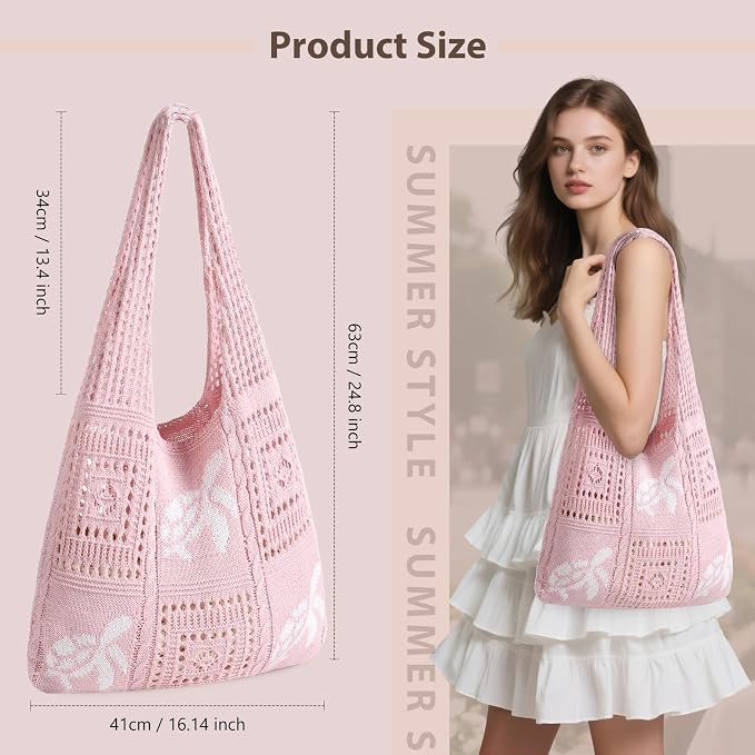 Sightor Crochet Tote Bag, Mesh Beach Bag Knit Summer Hobo Bag for Women | Beach Tote bag Vacation Outfits Aesthetic Boho Bag - Image 2