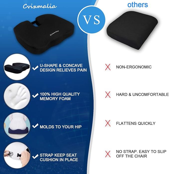 Seat Cushion Premium Memory Foam Non-Slip Coccyx Tailbone Cushion for Office Chair, Car Seat, Wheelchair, Yoga and Travelling- Back, Hip and Tailbone Pain Relief - Image 2