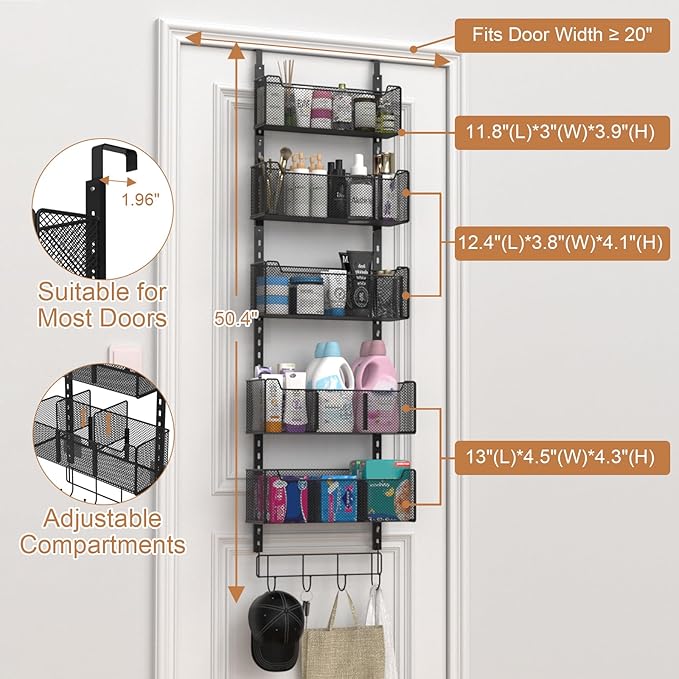 VyGrow Over The Door Organizer, Metal Door Organizer Hanging with 5 Adjustable Baskets and Coat Hook, Behind The Door Storage for Bedroom Closet Bathroom Pantry Cabinet Kitchen, Black - Image 3