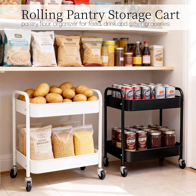 2 Tier Metal Rolling Utility Cart with Wheels Under Desk Storage Cart with Handle, Roll Around Organizer Trolley for Small Space Pantry Bathroom Home Kitchen Office Snack Baby Supplies, Black - Image 2