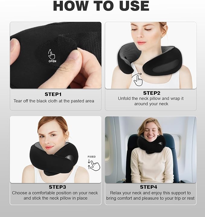 Travel Neck Pillow, Newly Upgraded Hooded Neck Pillow, 100% Pure Memory Foam Travel Pillow for Flight Headrest Sleep,Portable Aircraft Accessory,Suitable for use in Plane/Car/Office(Black) - Image 5