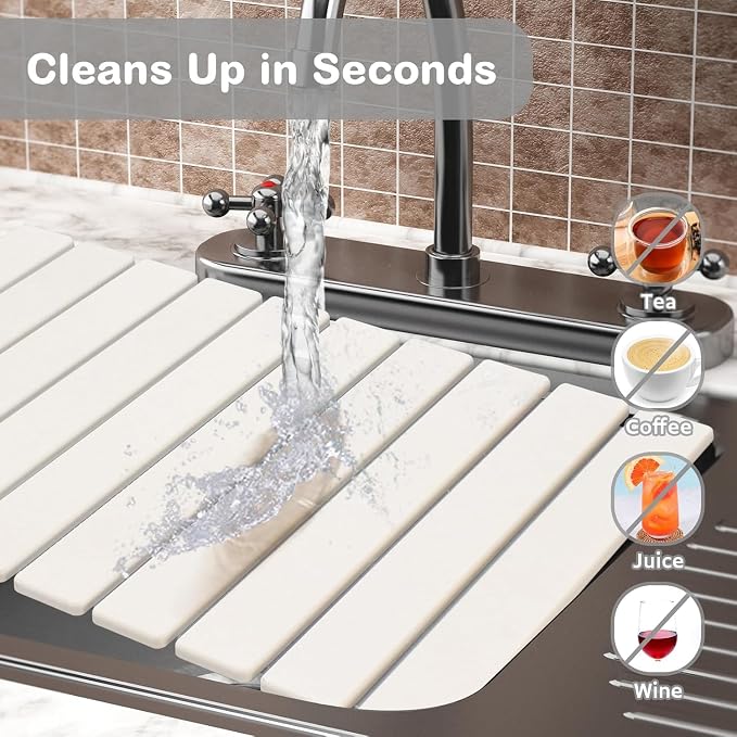 Large Stone Dish Drying Mats for Kitchen Counter, Quick Drying Collapsible Dish Drying Mat, Eco-Friendly Absorbent Diatomaceous Earth Mats for Dishes Cups, Match Any Countertop (White 24"×16" & 8"x4") - Image 7