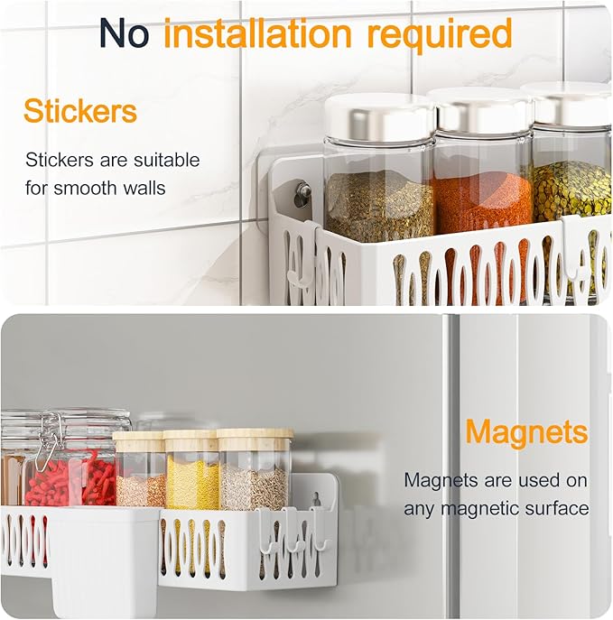 4-Pack Magnetic Spice Rack for Refrigerator with Hooks, White | Strong multipurpose magnetic shelf for kitchen & bathroom organization. Includes 4 removable hooks for hanging items. - Image 3