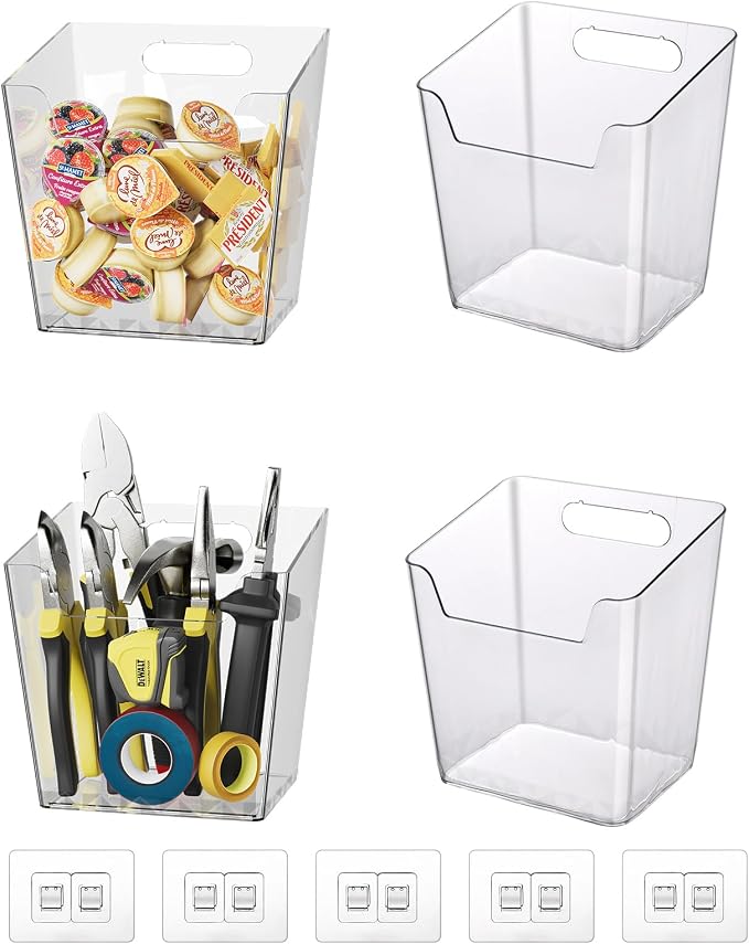 Clear Adhesive Wall Storage Bins, 4 Pack Cabinet Door Organizer Cups(Large) | Clear PET Hanging Wall Mount Pockets, Plastic Caddy for Shower Bathroom Makeup Office Craft Kitchen Sink RV Organization - Image 7