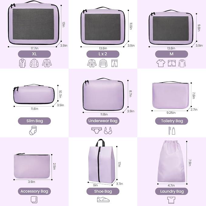 Mesh Packing Cubes for Travel, Durable Luggage Organizer with Sturdy Material and Double Zippers, Comprehensive Set for Travel Accessories Storage, 10 set, purple - Image 2