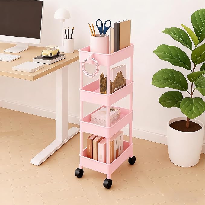 ShellKingdom 4 Tier Bathroom Storage Organizer, Slim Rolling Storage Cart for Narrow Space, Mobile Shelving Unit with Lockable Wheels and Hooks for Bathroom, Kitchen, Laundry Movable Shelf (Pink) - Image 4