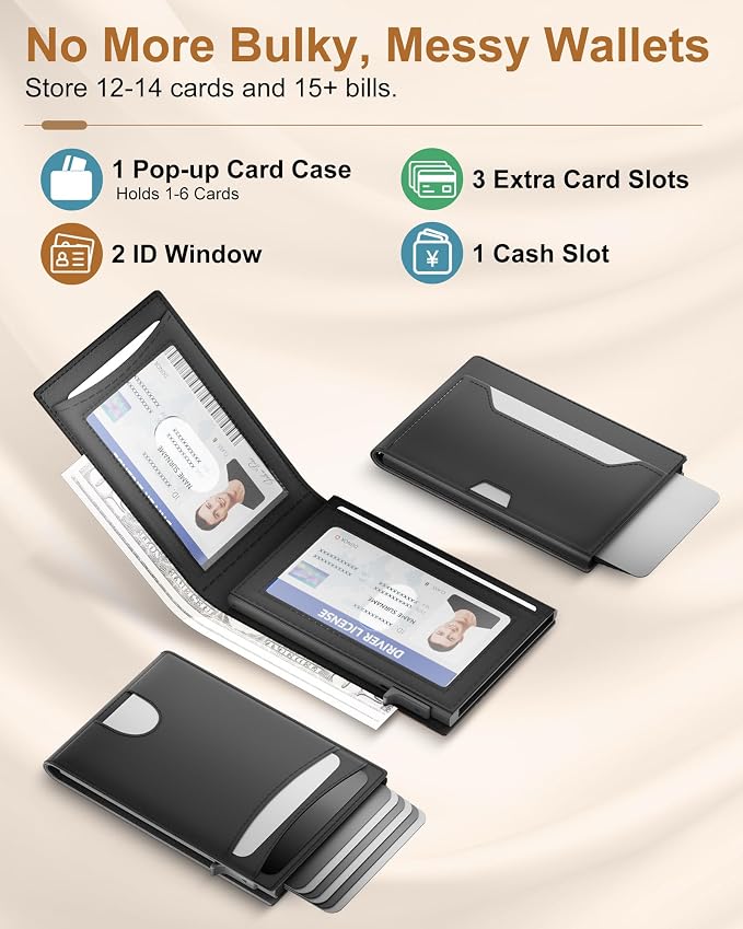 Wallet for Men: Pop Up Card Case, RFID Blocking, Slim, Minimalist, Genuine Leather, Front Pocket, Smart, Thin, Compact, Magnetic Flap Closure - 2 ID Windows, Up to 12 Cards & 15 Bills (Black) - Image 3