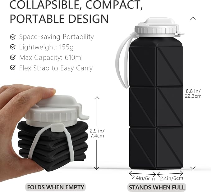 BEAUTAIL Collapsible Water Bottles with Straw 21 oz, Travel Water Bottle | BPA Free, Leakproof & Reusable, Silicone Foldable Water Bottle for Traveling, Hiking, School, Sport, 2-Pack, Black+Starlight - Image 4