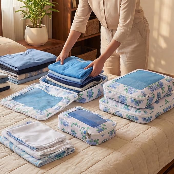 Shinylin 3 Pack Compression Packing Cubes for Travel 3 Size Clothing Bags with Mesh Window for Travel Home Underwear Clothes Accessories Organization Women (Blue Floral) - Image 4