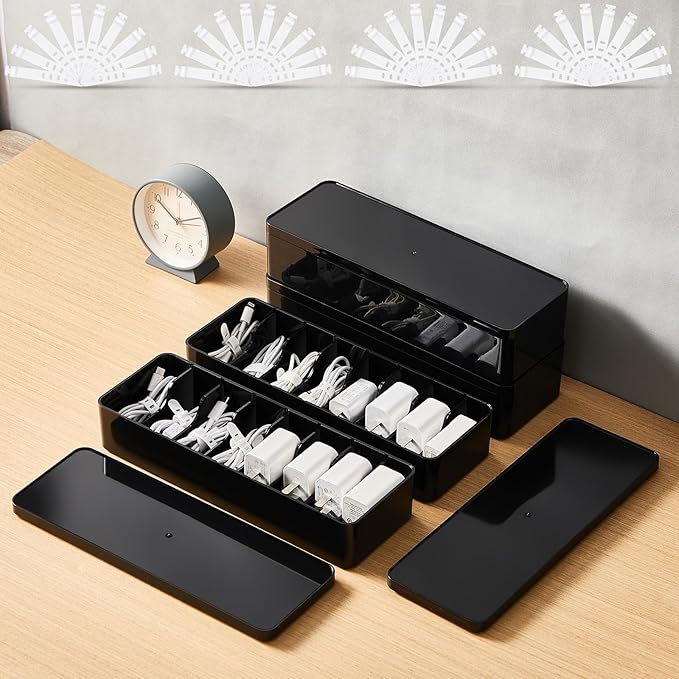 Tatuo 4 Pcs Cord Organizer for Drawer Desktop, Cable Organizer Box with 8 Compartments and Wire Ties, Plastic Charger Storage with Lid, Electronics Case for Home Office Accessories (Small,Black) by Tatuo