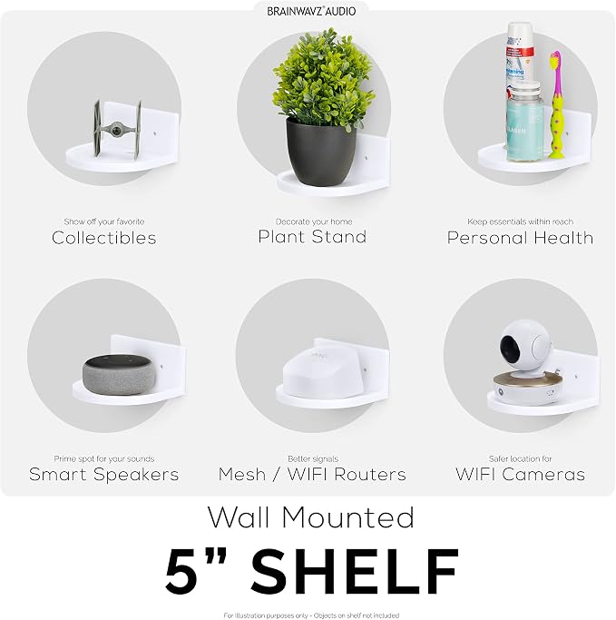 BRAINWAVZ 5” Small Floating Shelf, Adhesive & Screw in, for Bluetooth Speakers, Cameras, Plants, Books, Toys & More, Universal Shelves, Easy to Install Shelf CF2105 White - Image 7