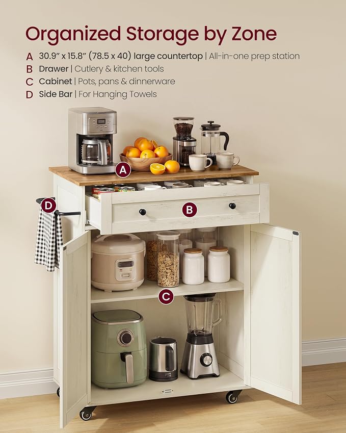 VASAGLE Mobile Kitchen Island with Storage Cabinet for Kitchen, Dining Room | Portable Mobile Cart on Wheels , 15.8 x 30.9 x 35.1 Inches, Rustic White and Honey Brown, SIREN Collection UKKI009WJ01S - Image 3