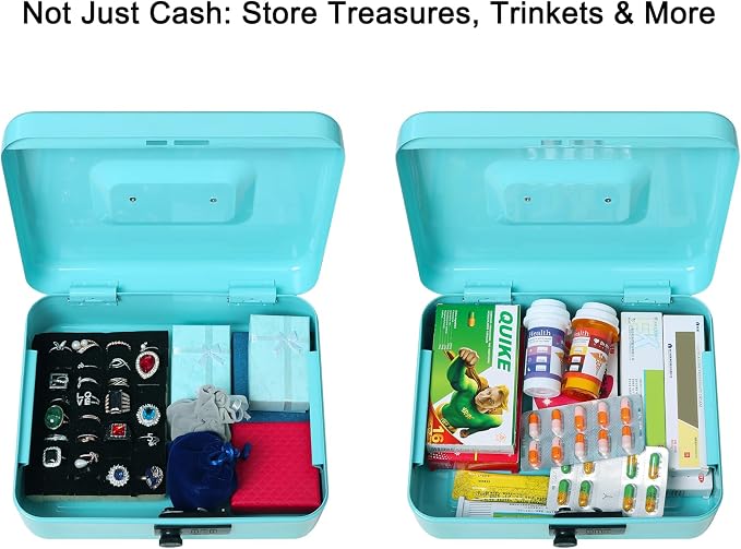 Jssmst Large Cash Box with Combination Lock - Durable Metal Cash Box with Money Tray, light blue (9.84 x 7.87 x 3.46) - Image 5
