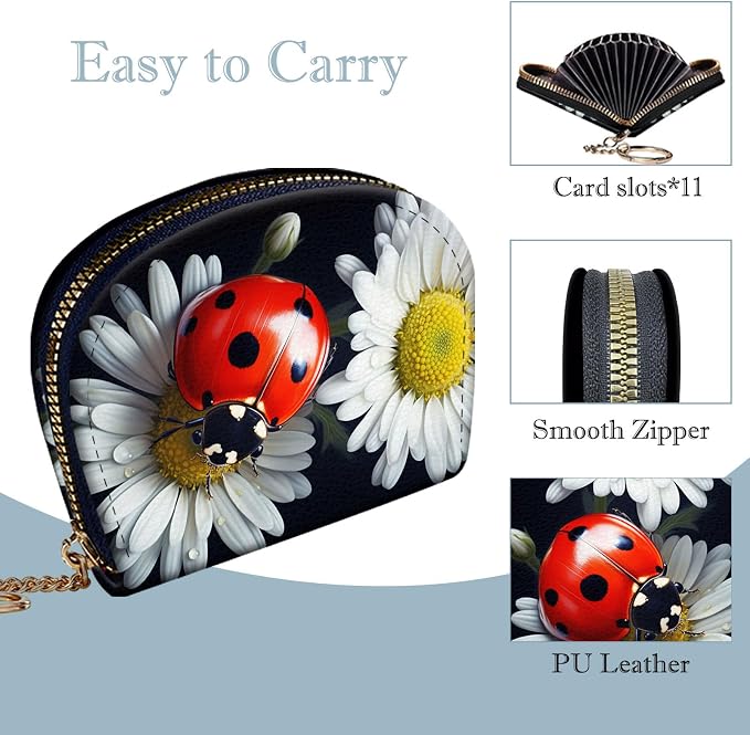 Women's Slim RFID Wallet – Compact Leather Card Holder Wallet for Women, 9 Card Slots RFID Blocking Credit Card Organizer, Small Travel Wallet - Ladybug on Daisy Flower - Image 4