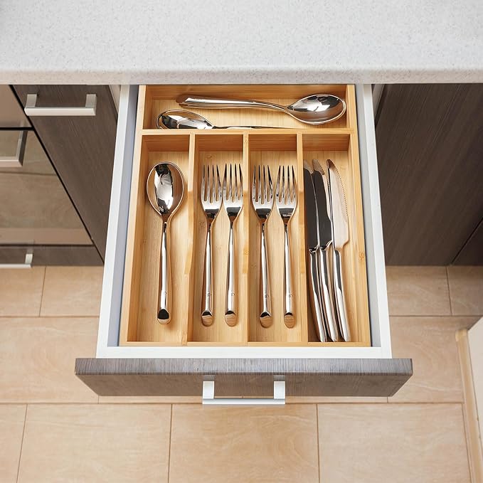Bamboo Kitchen Drawer Organizer, 11 Inch Silverware Utensils Tray Holder with Grooved Dividers, 2.4" High Wood Caddy for Flatware Cutlery Knives - Image 5