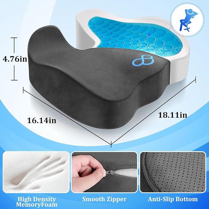 CushyOasis Seat Cushion, Gel Memory Foam Office Chair Cushions, (Grey) | Anti-Slip Back & Removable Cover, Ergonomic Tailbone Support Seat Cushion, Memory Foam Seat Cushion for Office - Image 5