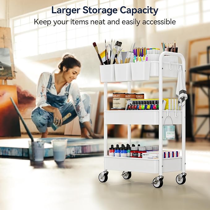 3 Tier Rolling Cart, Heavy Duty Metal Utility Cart with Wheel White | Sturdy Rolling Storage Cart With Hooks & Hanging Cups, Great For Craft, Art Workspace, Kitchen ,Snack And Office Storage - Image 4
