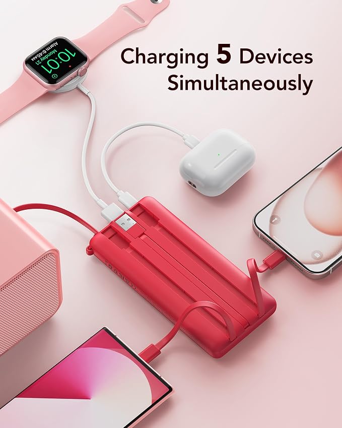 VRURC Portable Charger, Built in 4 Cables & Lanyard Power Bank 10000mAh | Compact USB C Charging Bank 5 Outputs for Multi Devices,Travel Essential for Hiking Camping Business Cruise Ship-Red(1 Pack) - Image 3