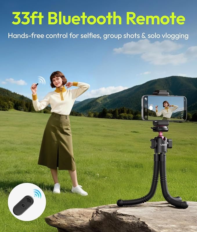 ULANZI MT-91 Flexible Octopus Tripod for Phone, GoPro&Camera, 3‑in‑1 Mini Tripod w Bluetooth Remote, CKA Quick Release w 1/4 Screw, GoPro Adapter, Phone Holder for Vlogging, Selfies, Video Recording - Image 5
