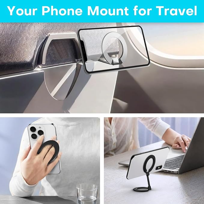 Mini Universal in Flight Airplane Phone Holder, Travel Essentials, Black | Super Compact, Airplane Travel Essentials, Compatible with MagSafe, Upgraded Version with Stronger Hinges - Image 4