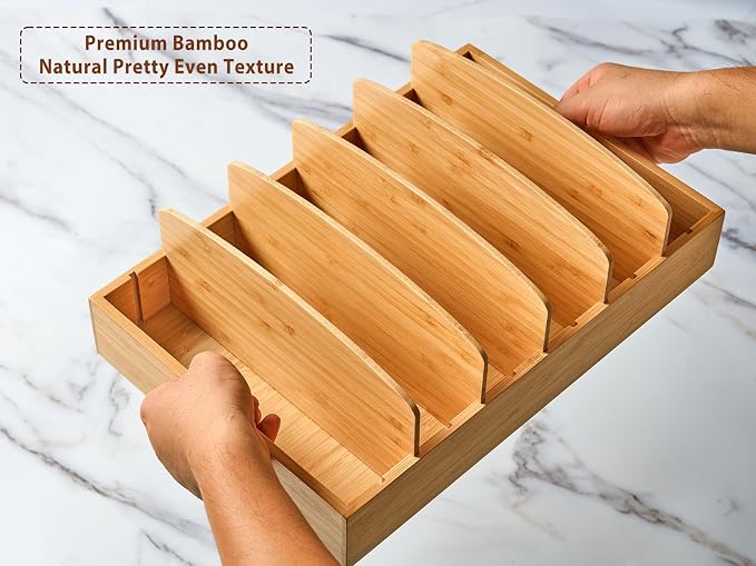 Extra Large Bamboo Food Container Lid Organizer for Kitchen Cabinet | Adjustable Slots - Tall Dividers for Large Lids - Premium Bamboo, Pretty Color - Versatile Caddy in Drawer - Anti-Skid Pads - Image 3