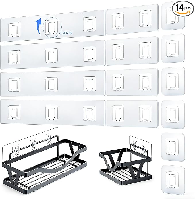 14 Pack Shower Caddy Adhesive Replacement Flat Strips, Heavy Duty Transparent Waterproof Hooks for Bathroom Storage Shelves, No-Drilling Sticky Wall Mount Hooks for Kitchen Organizers by Unknown