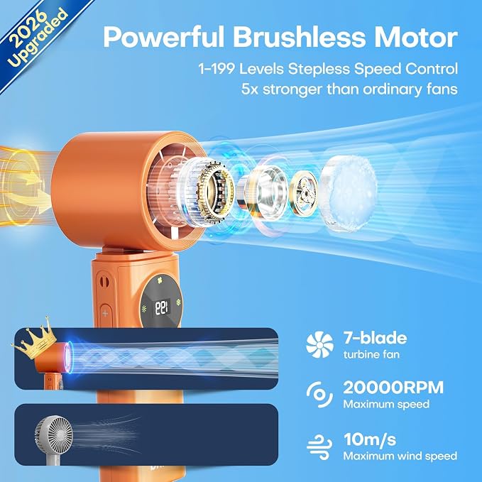 6000mAh Portable Handheld Fan with Ice Cooling, 199 Levels Stepless Speed, 20H Long Battery Life, 20000RPM Turbo Fan Rechargeable Personal Mini Fan for Travel, Outdoor, Makeup (Orange) - Image 3