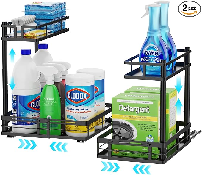 Under Kitchen Sink Organizer - L-Shaped Pull Out Shelf, 2 Pack | L-Shaped Fit Around Garbage Disposal, Adjustable Shelves, Pull Out Access, For 30-36 Inch Sink Cabinet, 2 Pack Black by iSPECLE