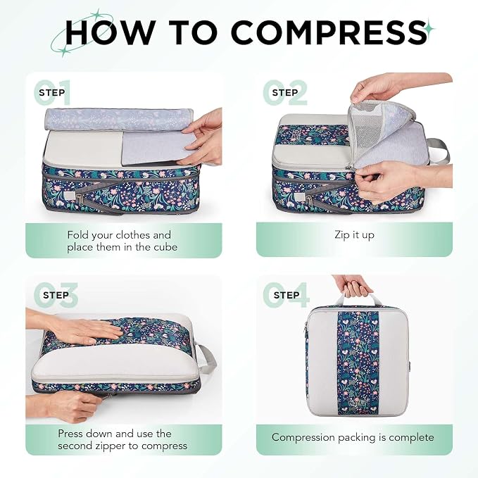 OlarHike 6 Set Compression Packing Cubes for Travel Essentials,Compressible Expandable Space Saver Bags for Organizing Clothes,Luggage Garment Bags with Over 1000 pcs Mesh Holes(Dark Blue Floral) - Image 3