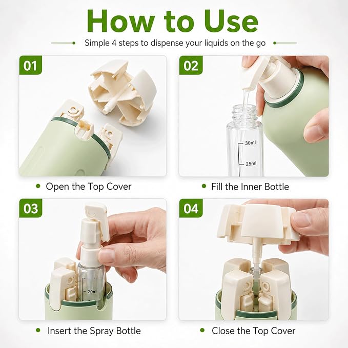 4 in 1 Travel Dispenser Bottle Four One Items Toiletry Containers Shampoo for Toiletries 4in -1 Soap 4-in-1 Leak Proof Rotatable Setpump Creams Sized TSA Refillable Lotion Cosmetic to Fill (White) - Image 9