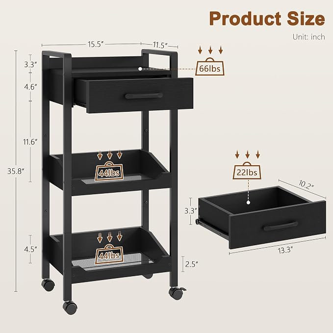 Hoctieon 3-Tier Rolling Storage Cart with Drawer, Rolling Utility Cart Organizer, Mobile Shelving Unit with Wheels, Metal Frame, Kitchen Utility Cart for Small Space, Office, Bathroom, Black - Image 7