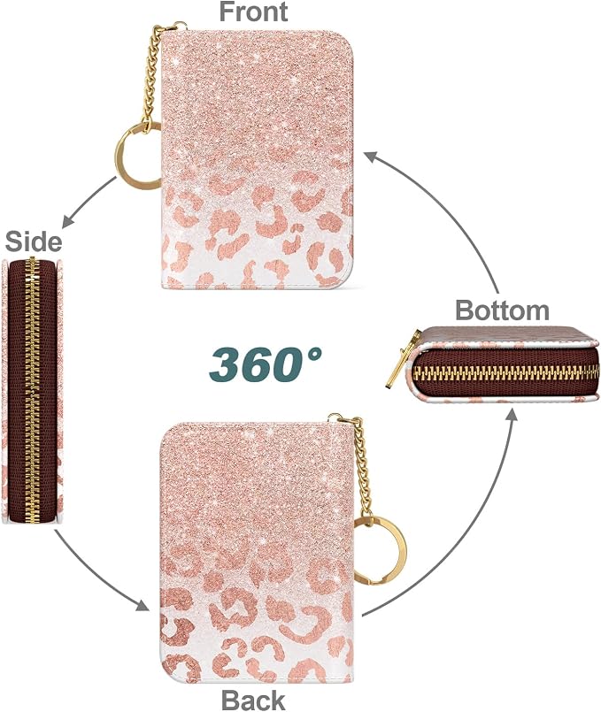 Nipichsha Women's Small RFID Blocking Credit Card Wallet, Pink Gilt Leather, 12 Slots, Zipper Closure | Leather Card Holder Wallet, Credit Card Wallet Organizer, Business Card Case with Zipper & Keychain, 12-Slot Compartment - Image 2