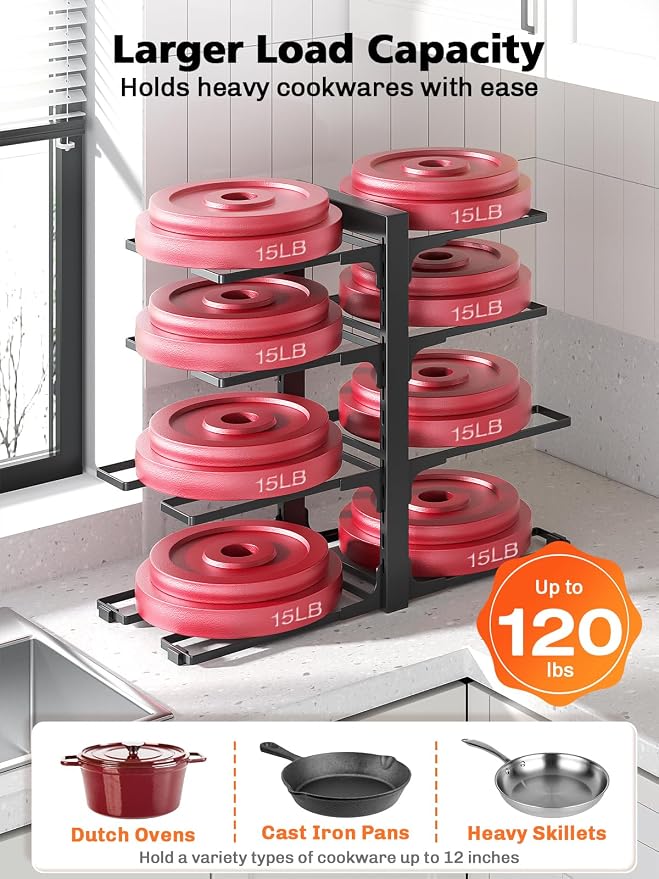 MUDEELA 8-Tier Heavy Duty Pots and Pans Organizer under Cabinet, Black | Adjustable 15.83" H pot rack, pan organizer Holds big stockpots, Cast Iron Skillet and cookware for use inside cabinets - Image 4