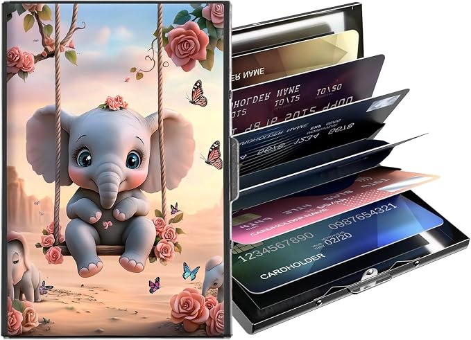 Metal Wallet,Credit Card Holder for Women,Slim RFID Blocking Credit Card Holder Thin Aluminum Wallet ID Case,6 Slot Business Mini Hard Metal Case for Women/Men,Cute Elephant Swing by Unknown