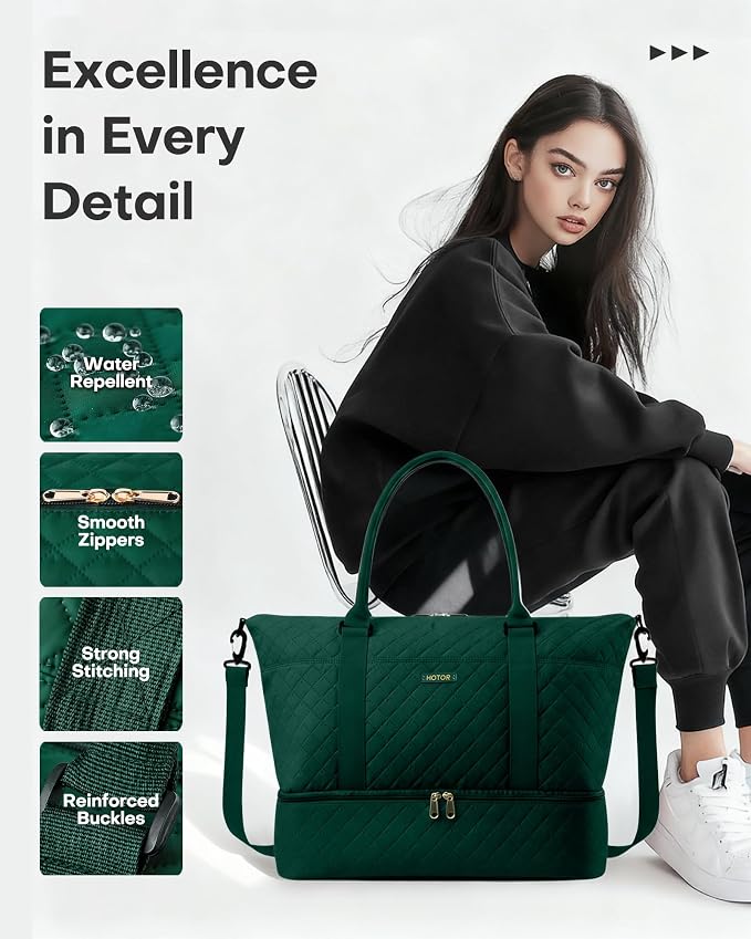 HOTOR Travel Duffel Bag - Weekender Bags for Women, Carry On Gym Tote Bags | with Toiletry Bag & Shoe Compartment, Overnight Bag for Travel Essentials, Travel Accessories, Dark Green, 13.4"×17.3"×7.9" - Image 7