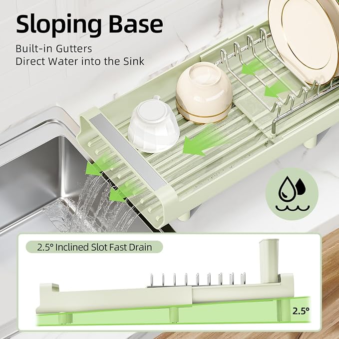 TOOLF Small Dish Drying Rack, Expandable and Space-Saving, Grayish Green | Mini Dish racks for kitchen counter, Compact Design Fits Sink or Counter, Stainless Steel Plate Rack, 11"-19.3"L×7.7"W×3.54"H - Image 6