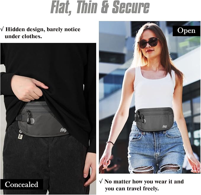 MoKo Travel Money Belt, Hidden RFID Blocking Passport Wallet, Dark Gray | Slim money belt has a hidden pocket, moisture-wicking backing, RFID-blocking material, and an adjustable elastic strap. - Image 3
