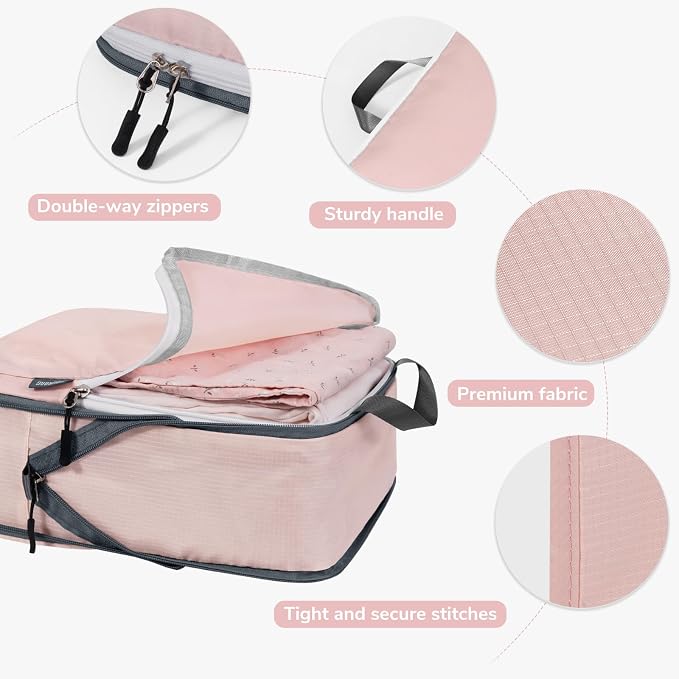 7 Set Compression Travel Packing Cubes, Travel Essentials, Pink | Travel Essentials for Suitcase, Luggage Organizer Bags for Travel with Shoe Bag,Packing Cubes for Travel Women - Image 4