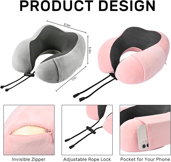 urnexttour Neck Pillow Airplane Travel Pillow 2 Pack Grey and Pink | Memory Foam Soft Support Travel Neck Pillow for Travelling, Sleeping Rest, Car, Train and Home Use - Image 6