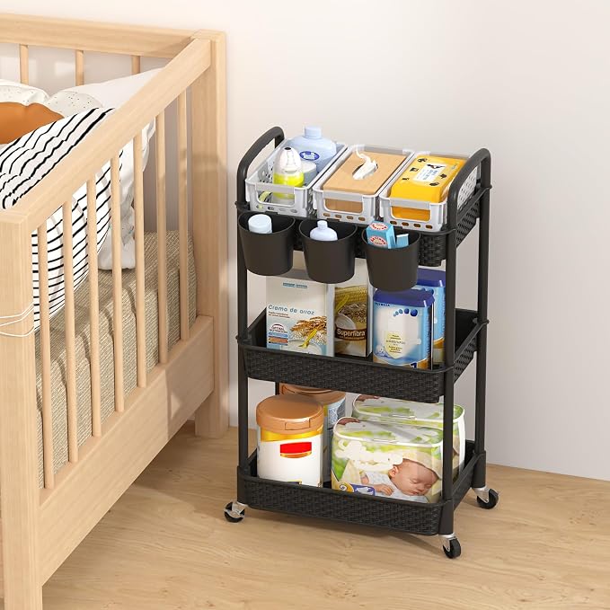 MOYIPIN 3-Tier Plastic Rolling Utility Cart with Handle,Utility Storage Cart for Office, Living Room, Kitchen,Movable Storage Organizer Shelves,Black with 3 Hanging Cups - Image 7