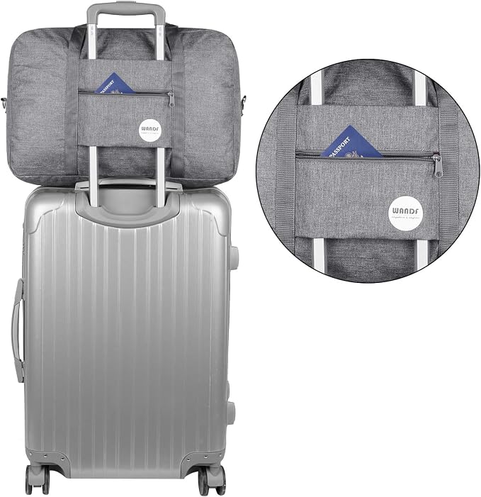WANDF Foldable Travel Duffel Bag Luggage Sports Gym Water Resistant Nylon (E-Denim Gray with Strap) | 18x14x8 inches, Airline Underseat Aprroved, Weekend Overnight Trips, Lightweight Packable - Image 5