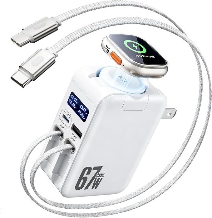 5-in-1 67W Retractable USB-C Wall Charger, for Apple Watch & iPhone & iPad | Smart Display, GaN Fast Charging, Retractable Charger, iWatch Pad, Foldable Plug, Travel-Ready, 2 UsbC Cables & 2 Ports by HATALKIN