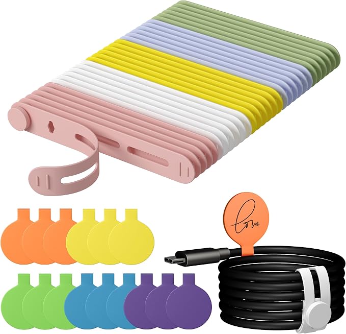 45Pcs Cable Labels and Silicone Cable Ties Set for Electronics | 30 Cable Ties+15 Cord Labels for Organizing Wires and Identification, Reusable Cable Management Set, Multicolor by ELECTRONICSORGANIZATION