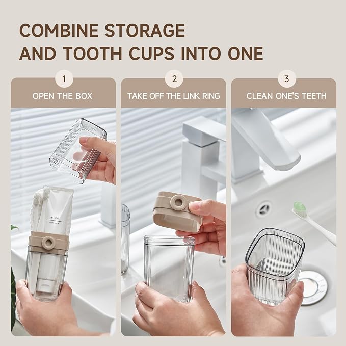 Topavatop Toothbrush Travel Case, 2 in 1 Toothbrush Holder and Rinse Cup, Large Capacity Toothbrush Cup with Cover, Portable Travel Toothbrush Holder for Traveling, Camping, Trip - 1Pcs - Beige&Clear - Image 2